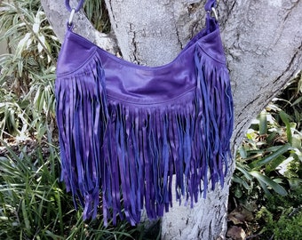 Bohemian Purple leather bag, fringed leather large crossbody bag Gift for Mum, shoulder tassel fringe bag, Boho hippie festival purse bag