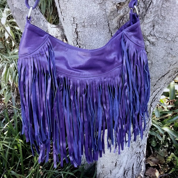 Bohemian Purple leather bag, fringed leather large crossbody bag Gift for Mum, shoulder tassel fringe bag, Boho hippie festival purse bag