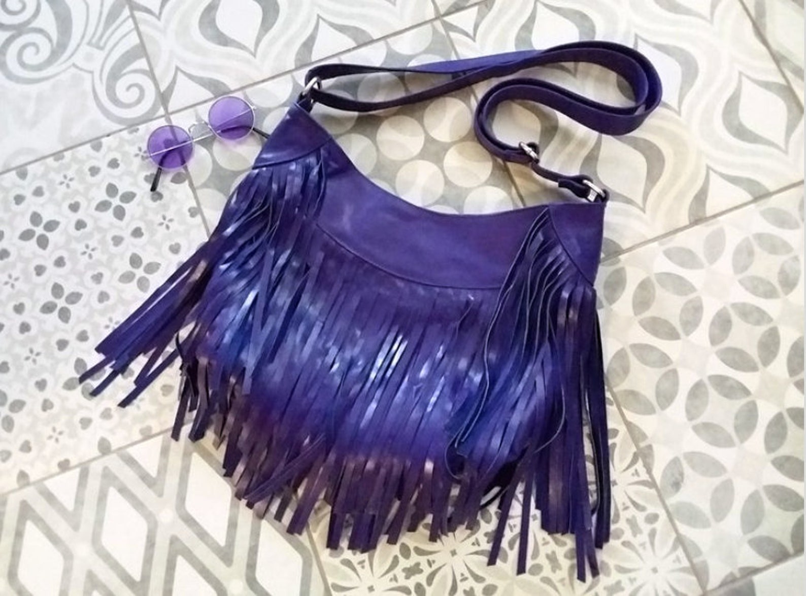 Bohemian Purple Pattern Print Leather Tote Bag