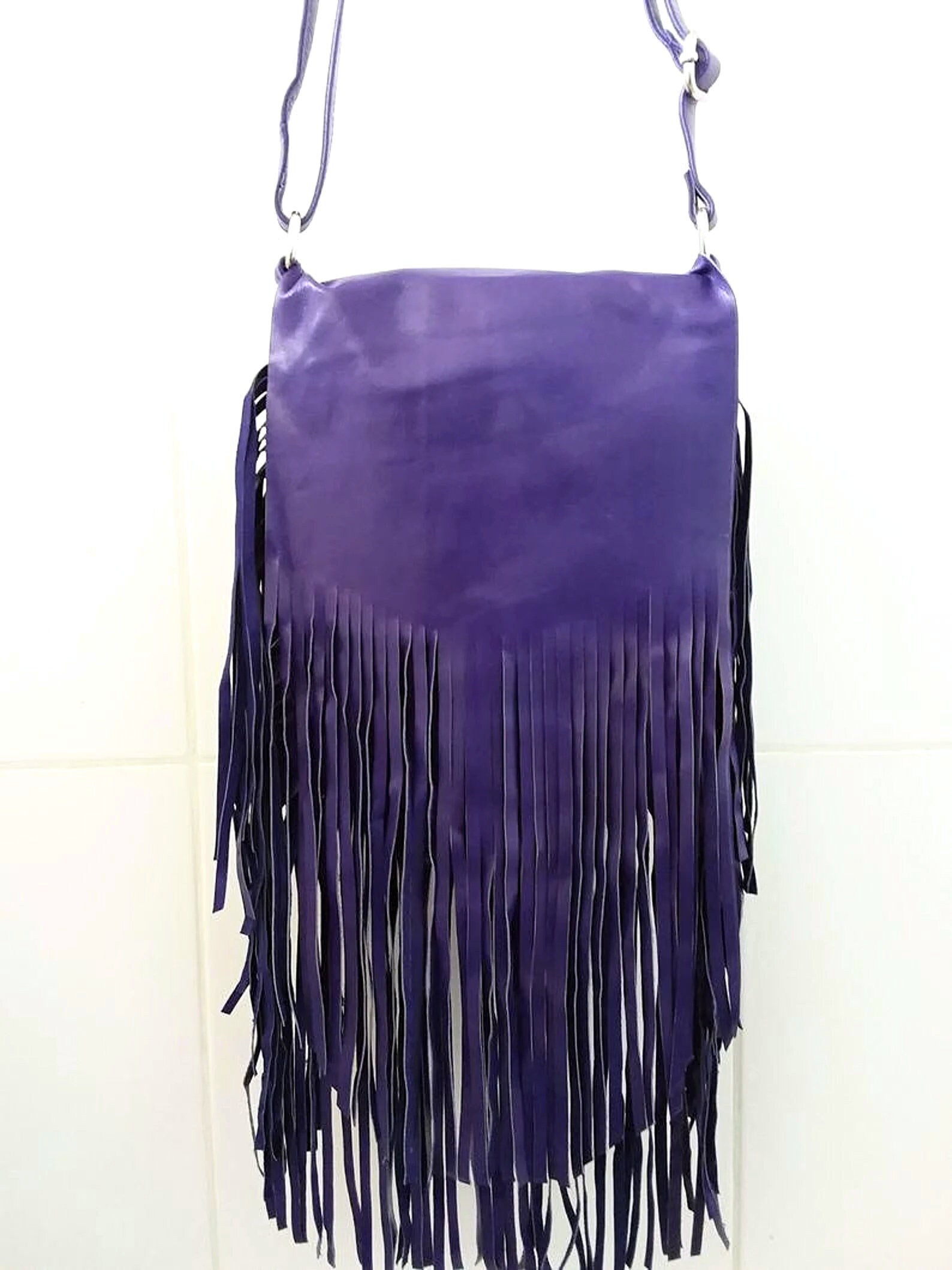 Purple Leather Fringed Bag With Long Strap Crossbody Boho - Etsy Australia