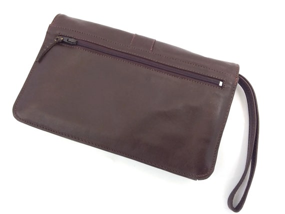 Brown genuine leather clutch purse, 80s vintage l… - image 3