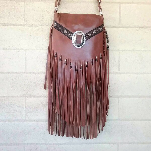 Hippie Boho fringed leather purse , brown rustic tassel crossbody bag, concho bead embellished gypsy bohemian long strap purse, gift for her