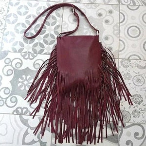 Burgundy fringed Leather purse, adjustable strap crossbody boho bag, boho tassel purse bag, festival fashion accessories, gift for female