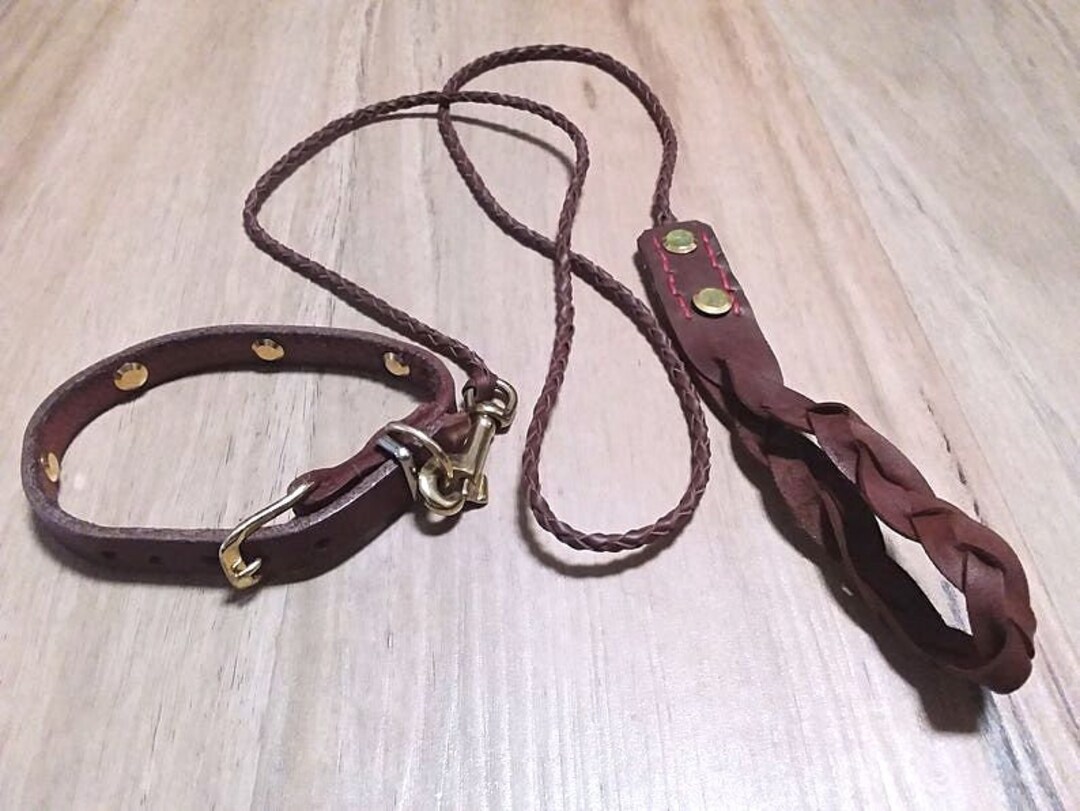 Small Dog Lead Collar Set, Genuine Leather Braid Plaited Leash With