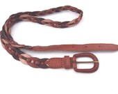 Leather plait statement thin belt, groovy retro vintage dress belt, brown tan beige hand stitched two tone 33 inch waist of hip size for her