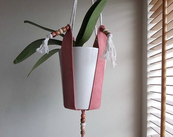 Pink suede hanging pot plant holder, boho style leather hanging sling basket with beads tassels, gift for female, indoor hippie boho decor