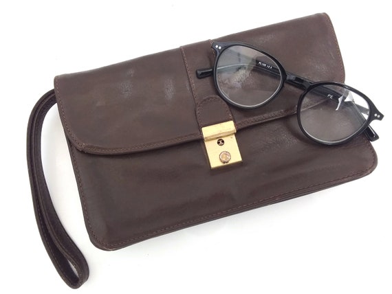 Brown genuine leather clutch purse, 80s vintage l… - image 2
