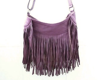 Dusky plum bohemian leather bag, boho fringed crossbody bag, genuine Leather shoulder tassel fringe bag, hippie style festival purse bag