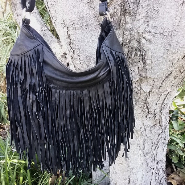 bohemian Black leather bag, boho fringed crossbody bag, genuine Leather shoulder tassel fringe bag, hippie style festival  hobo purse bag