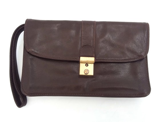 Brown genuine leather clutch purse, 80s vintage l… - image 1