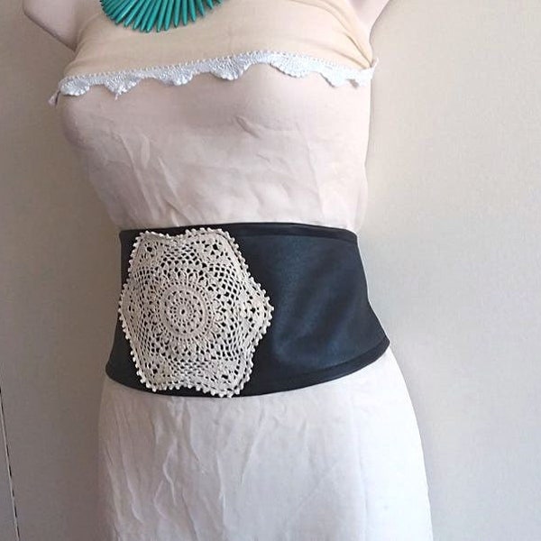 Black leather Obi belt, bohemian corset, crochet wrap around tie up waist sash belt, boho gypsy chic accessories, leather cinch belt