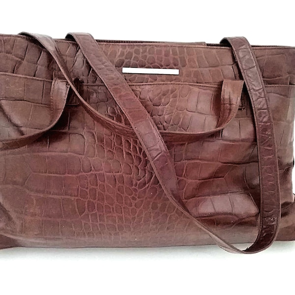 Croc print leather bag, Brown reptile print  designer luxury shoulder bag, Large Trent Nathan vintage laptop purse, leather Tote bag