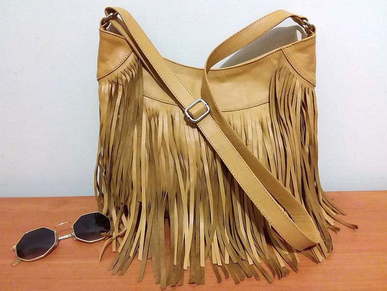 Fringed leather bag large boho crossbody bag tan camel Etsy