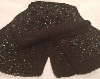 Adult Tunisian Crocheted Black Sequin Hat and Scarf Set