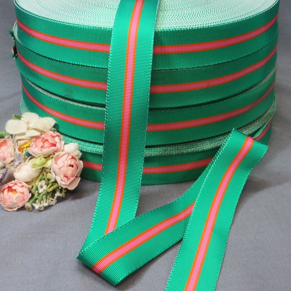 1y GREEN PINK STRIPE Grosgrain Ribbon tag: Vintage French Petersham Trim 1980 1970 1960 1950 Pill Box Hat Millinery flower Cocarde