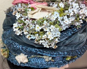 Antique BLUE GRAY BUCKET Ladies Hat, c.1900 Victorian, Paris Designer Packed with Millinery, 1910 1920 Ribbonwork Flowers Velvet Ribbon