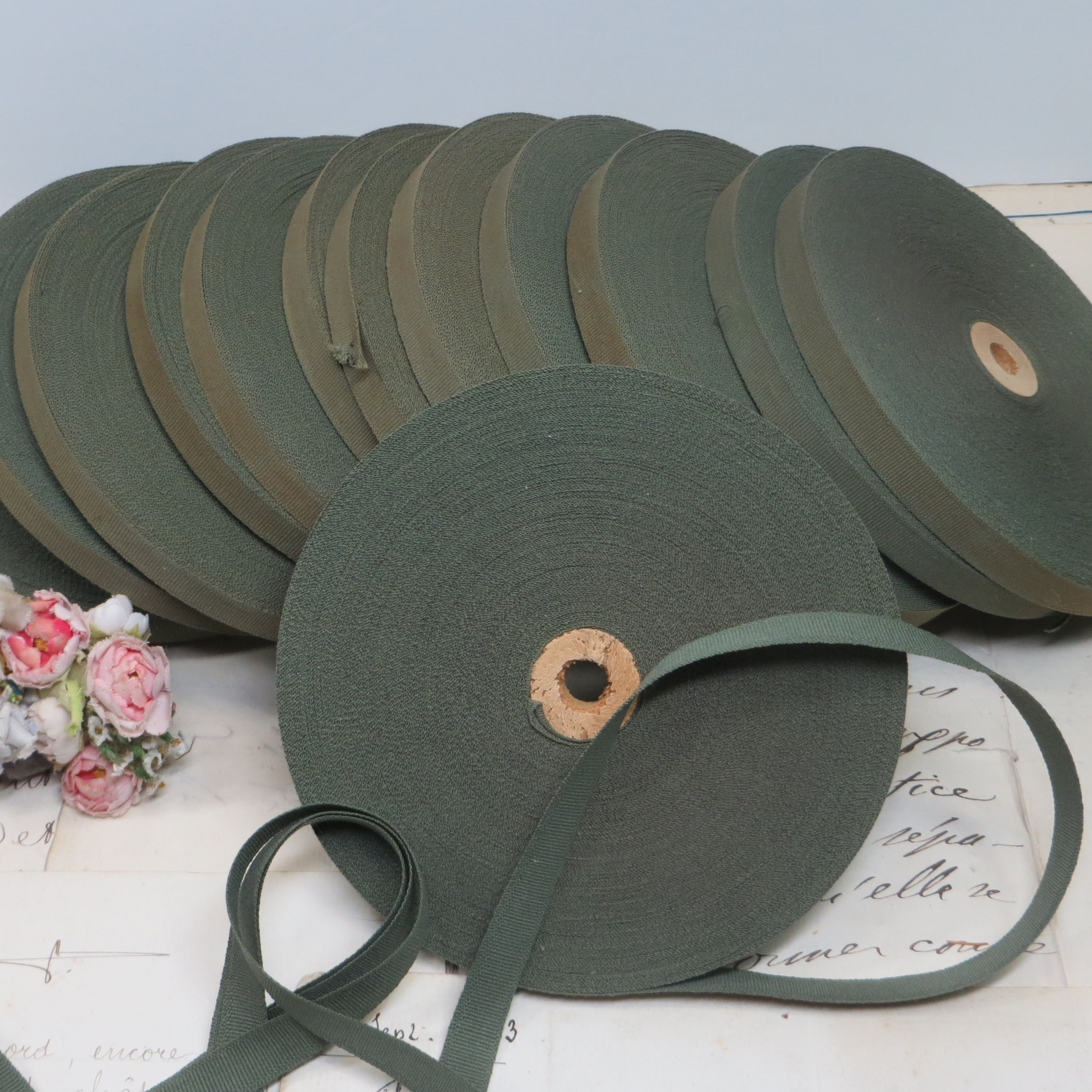 50y Roll ARMY GREEN KHAKI Woven Edge Grosgrain Ribbon Tag  display picture 3