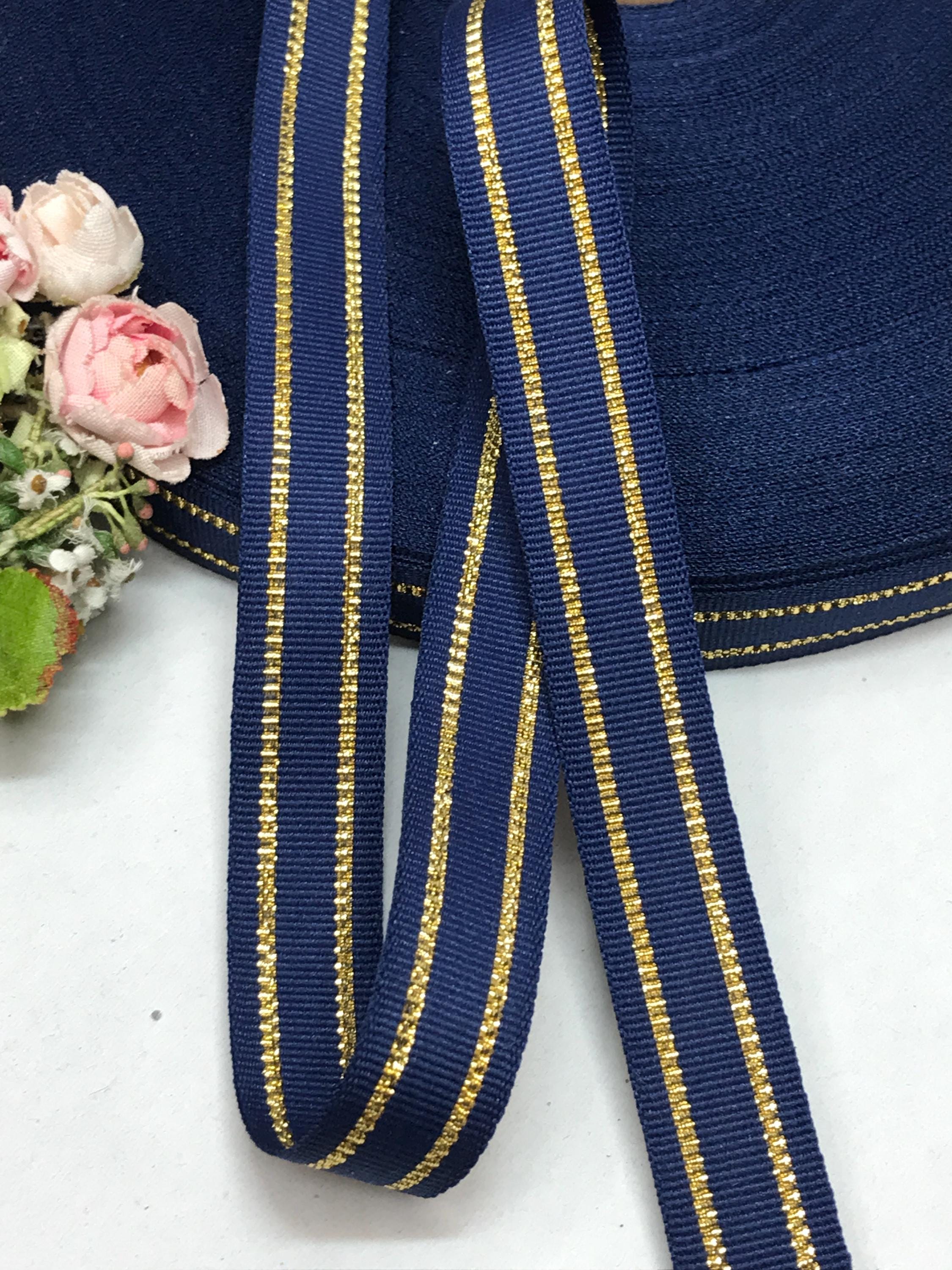 2y Gold Metallic Navy Blue Woven Edge Grosgrain Ribbon 5/8  display picture 2