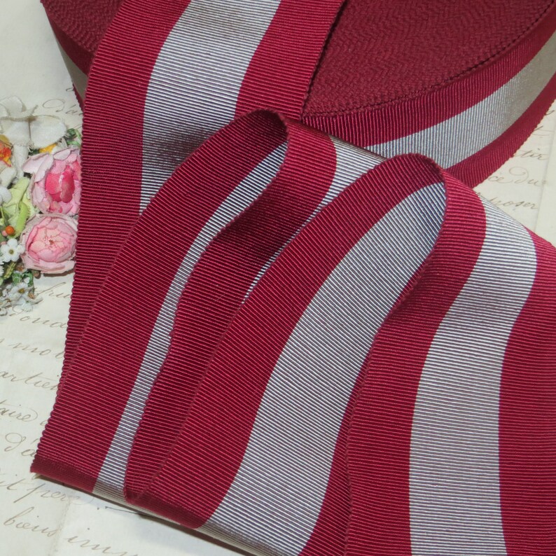 1y BURGUNDY WINE GRAY 2 French Grosgrain Ribbon Trim 1920s Flapper 1930s Stetson Fedora Petersham Cloche Vintage Millinery Hat Flower