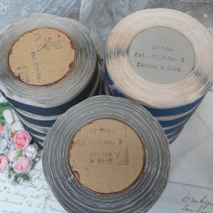 May include: Three spools of blue and white striped ribbon. Each spool has a paper label with the text "Pat. 583-No. 3 Cotton & Silk" and "10 Yds."