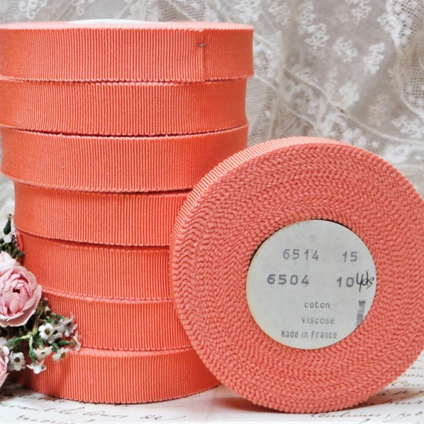 10y Roll 5/8" OFF ORANGE PEACH Cotton Rayon Petersham Ribbon tag: Salmon Grosgrain Cotton Tape Trim Antique French Made France Farmhouse