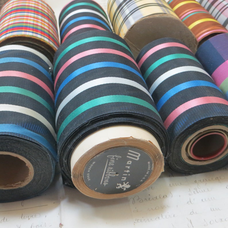 1y 1940 Rayon STRIPE WIDE TAFFETA Ribbon 4 5 Ribbon Navy Blue Pink Trim 1920 1930 Stetson Fedora Hat Cloche Millinery Flower Bow grosgrain