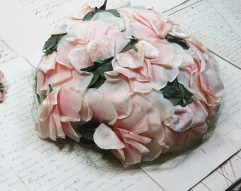 1950 PINK ROSE PETAL Hat tag: Wedding Bridal Party Hat Farmhouse French Shabby Millinery Flower Antique Ribbon Trim Grosgrain Petersham