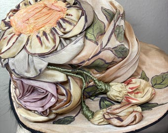 Reserved - 1920 ANTIQUE CLOCHE Edwardian-Brim Hat - Silk RIBBONWORK Flowers Hand Painted Peach Pink, Straw with Black Silk Velvet Brim