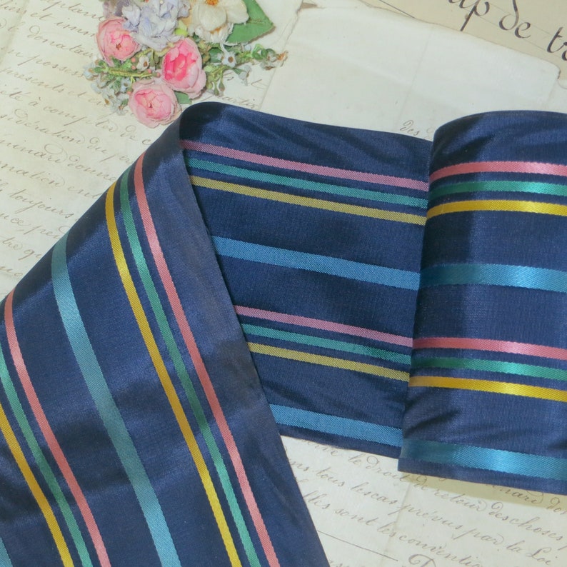 1y 1940 Rayon STRIPE WIDE TAFFETA Ribbon 4 5 Ribbon Navy Blue Pink Trim 1920 1930 Stetson Fedora Hat Cloche Millinery Flower Bow grosgrain