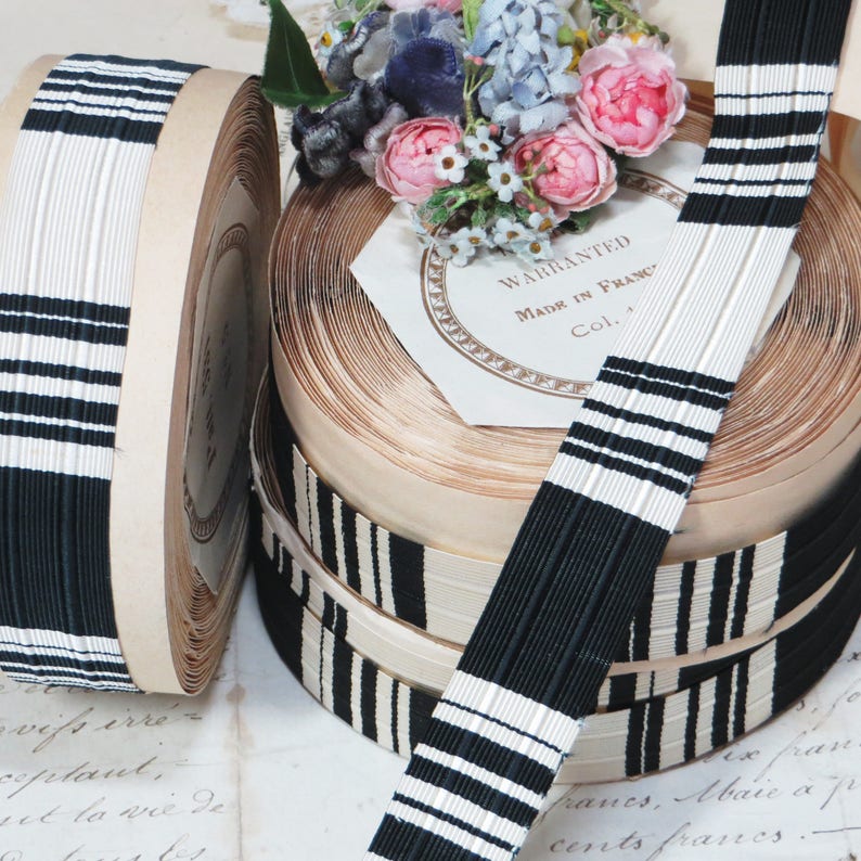 1 Roll BLACK WHITE STRIPE 1 French Woven Edge Grosgrain Art Deco Flapper Trim 1920 1930 Stetson Applique Cloche Millinery Flower image 1