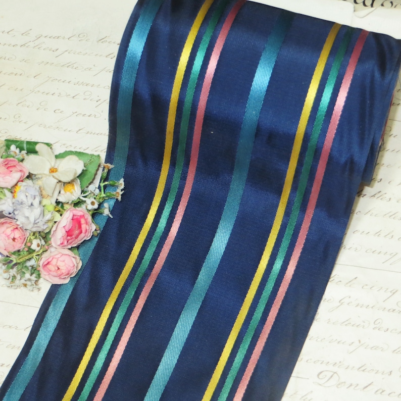 1y 1940 Rayon STRIPE WIDE TAFFETA Ribbon 4 5 Ribbon Navy Blue Pink Trim 1920 1930 Stetson Fedora Hat Cloche Millinery Flower Bow grosgrain