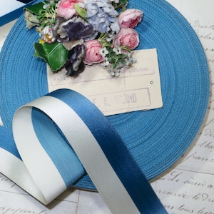 May include: A roll of turquoise blue ribbon with a textured surface, and a striped ribbon in shades of blue and white. A small bouquet of pink and purple flowers rests on a vintage paper. The background features script.