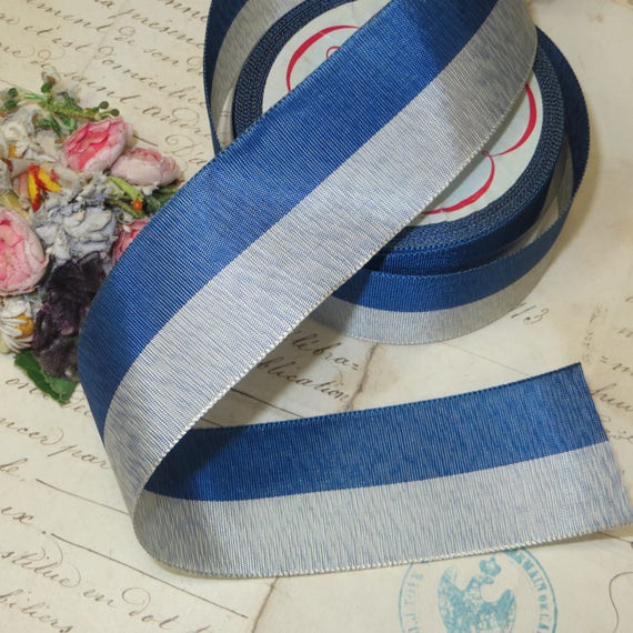 1y VTG FRENCH NAVY BLUE STRIPE RIBBON TRIM GROSGRAIN FEDORA STETSON MILLNERY HAT