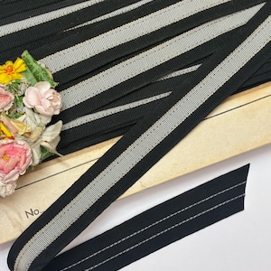 4 Yards FRENCH BLACK 7/8" GRAY pin stripe Grosgrain Ribbon Hat Trim antique flapper Stetson Petersham Cloche Millinery Flower Art Deco