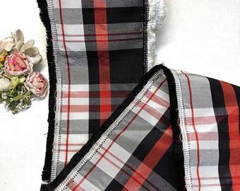 5y BLACK RED RAYON Taffeta Ribbon tags: Seconds Raw Edge French Plaid Check Gingham Regency Bonnet Dress Victorian Edwardian Millinery Hat