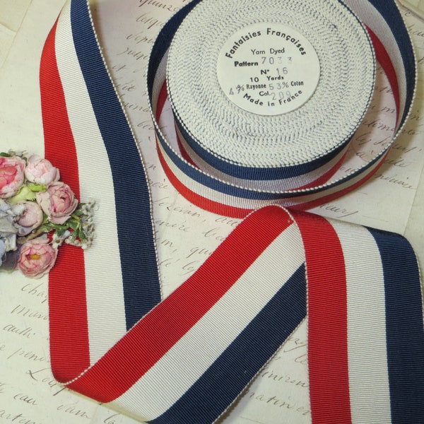 1y RED WHITE BLUE Cotton Stripe Grosgrain Ribbon vintage French Trim 1920s Antique flapper Vintage Millinery Flower hat Ribbonwork Cocarde