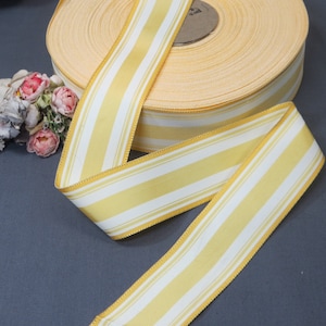 1y YELLOW WHITE STRIPE Woven Edge Grosgrain Ribbon tag: French petersham hat banding ribbon Trim 1920 1930 1940 Flapper Fedora Stetson Hat