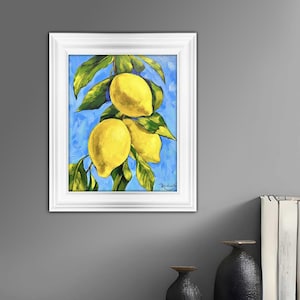 Lemon tree branch original one of a kind painting by Irina Redine, lemons handmade framed and ready to hang wall art, gift idea