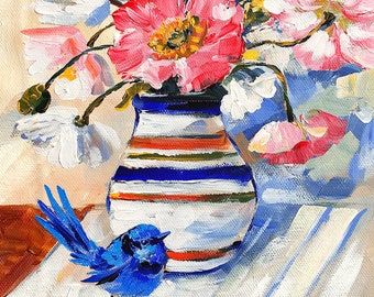 Blue Wren and Poppies original one of a kind painting by Irina Redine, flowers and blue bird framed and ready to hang wall art