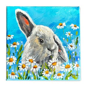 Bunny in daisies one of a king original painting by Irina Redine, Rabbit With Chamomile ready to hang, gift idea