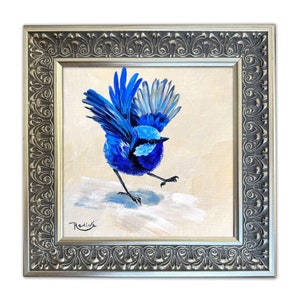 Splendid Fairy Wren original painting by Irina Redine, Australian bird framed artwork one of a kind