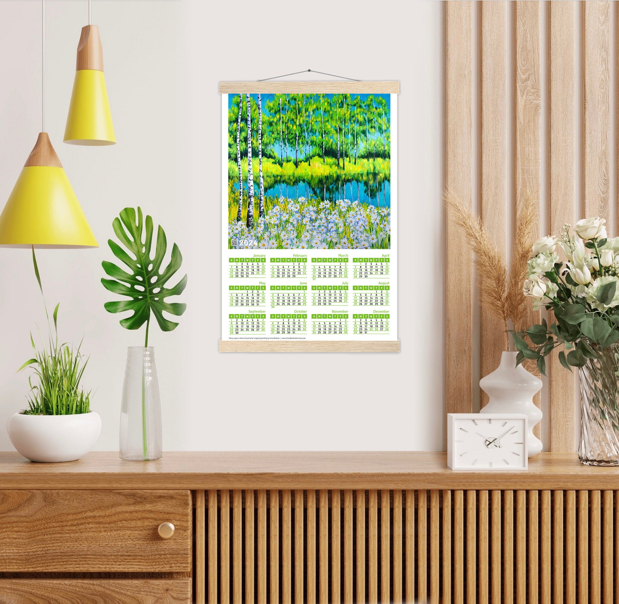 2024 Calendar Wall Hanging Monday or Sunday Week Start Yearly Calendar