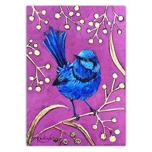 Splendid Fairy Wren original one of a kind painting by Irina Redine, blue bird framed and ready to hang wall art, gift idea
