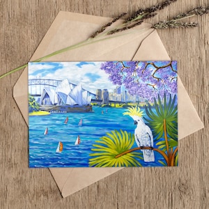 Sydney Opera House postcards, A6 postcard featuring the painting "Sydney landscape with cockatoo and jacaranda" by Irina Redine