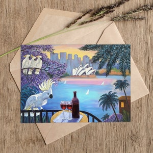 Sydney postcards, A6 postcard featuring the painting "Sydney Holidays – Red Wine, Cockatoos, and Opera House Views" by Irina Redine