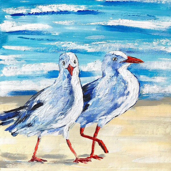 Seagulls at the beach original one of a kind painting by Irina Redine, Australian birds framed and ready to hang handmade wall art