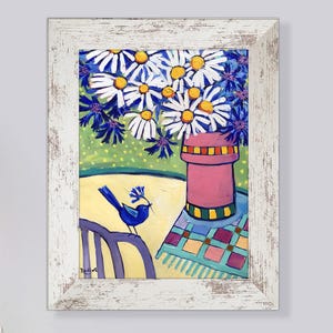 Where the Bluebird Dreams – original painting by Irina Redine, Daisies and Cornflowers one of a kind framed wall art, unique gift idea