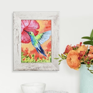 Hummingbird and Hibiscus original one of a kind painting by Irina Redine, framed and ready to hang wall art