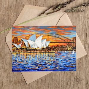 Cartes postales de Sydney la nuit, carte postale A6 représentant le tableau « Sydney Night Light Reflections » d'Irina Redine