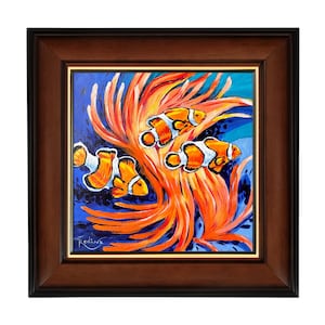 Clownfish and Sea Anemones original painting by Irina Redine, ocean creatures framed one of a kind wall art, gift idea